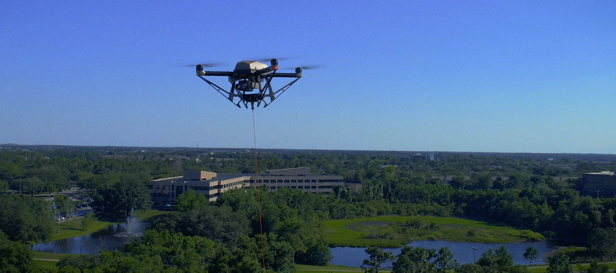 Hoverfly tethered drone in flight. Drones are aerial assets that are used widely across the government, and tethered drones can hover above tactical operators for months, if necessary.