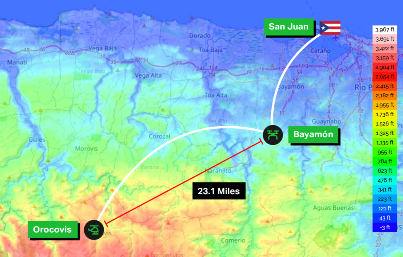 Topographic map of goTenna Pro testing sites in San Juan, Bayamon and Orocovis showing a max of 23.1 miles of connectivity using a drone in Bayamon and a helicopter over the mountain in Orocovis.