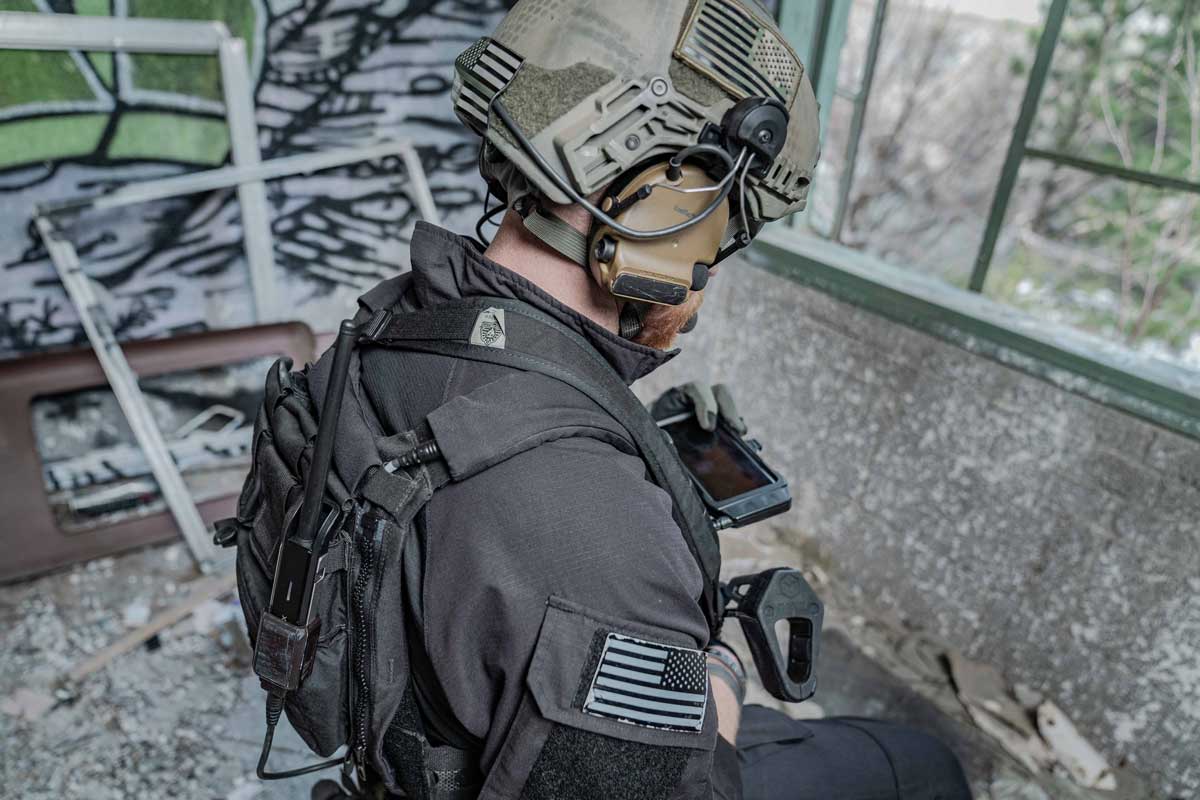 SWAT team tactical team member using the goTenna Pro Tether Cable Kit