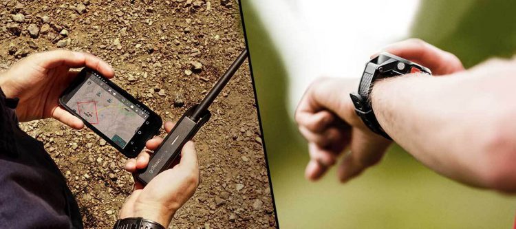 A user holding a smartphone and a goTenna Pro vs. a person using a GPS watch