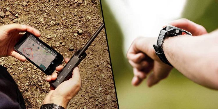 A user holding a smartphone and a goTenna Pro vs. a person using a GPS watch